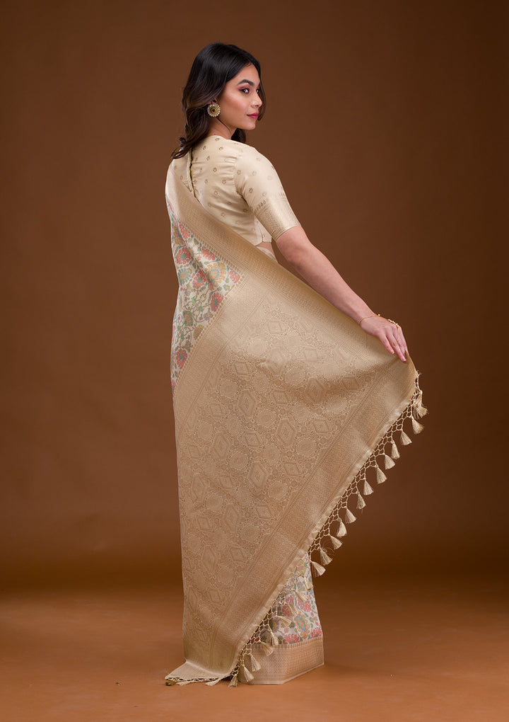 Cream Zariwork Banarasi Silk Saree
