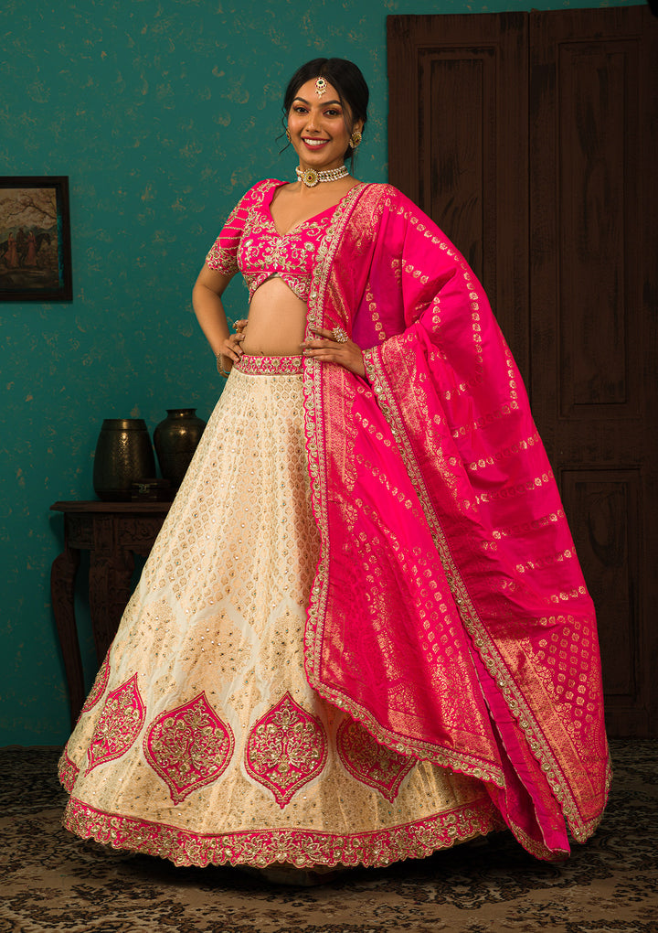 Cream Zariwork Brocade Semi Stitched Lehenga