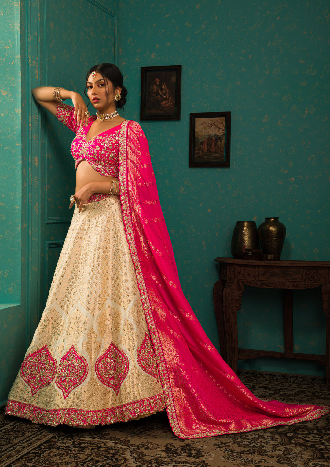 Cream Zariwork Brocade Semi Stitched Lehenga
