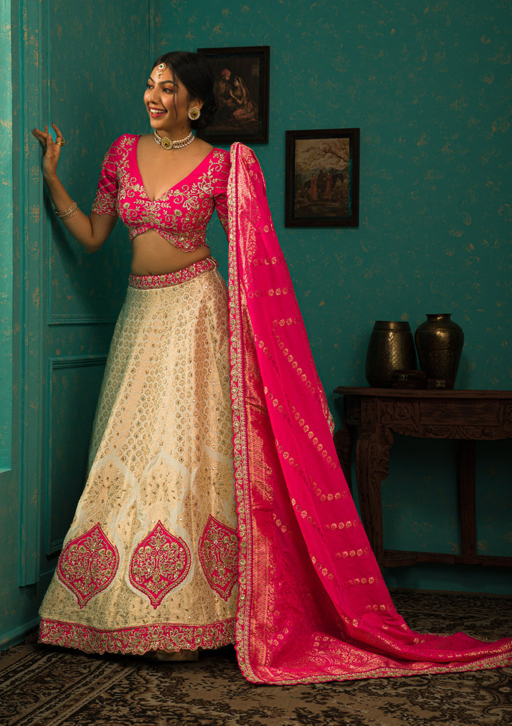 Cream Zariwork Brocade Semi Stitched Lehenga