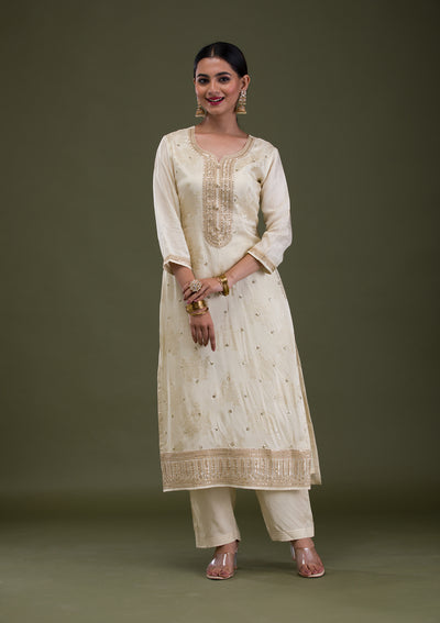 Cream Zariwork Crepe Readymade Salwar Suit