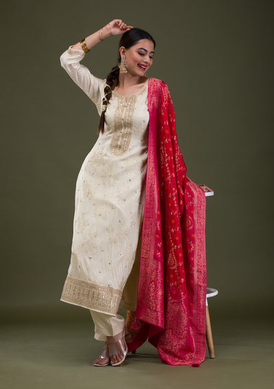 Cream Zariwork Crepe Readymade Salwar Suit