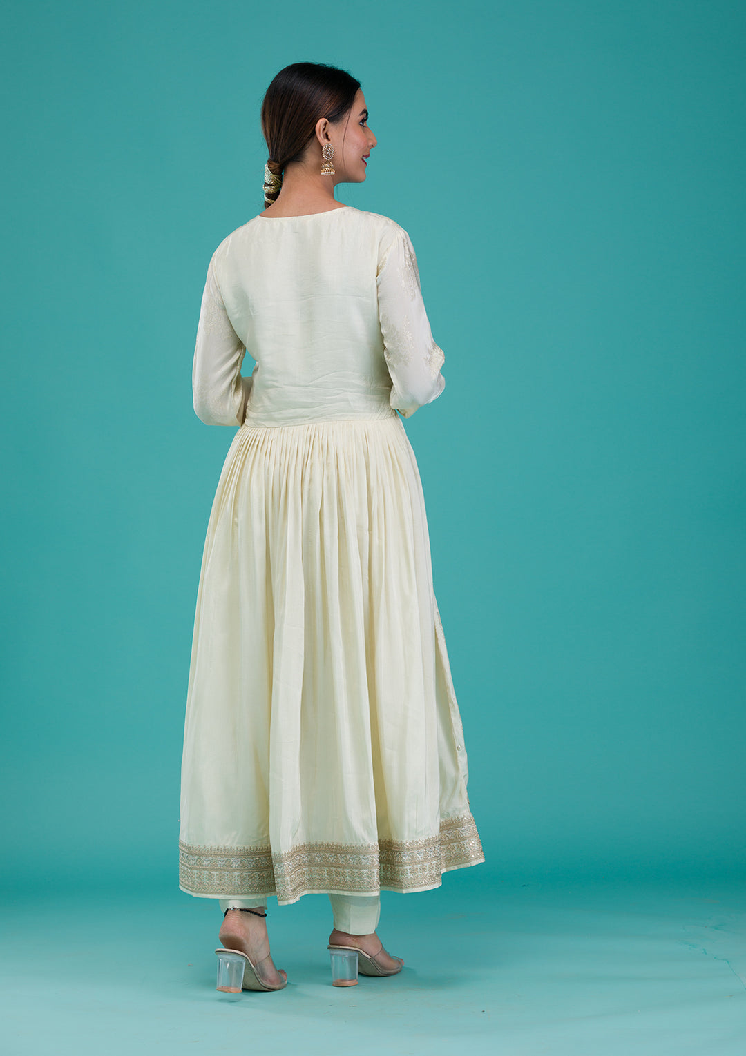 Cream Zariwork Crepe Readymade Anarkali Suit