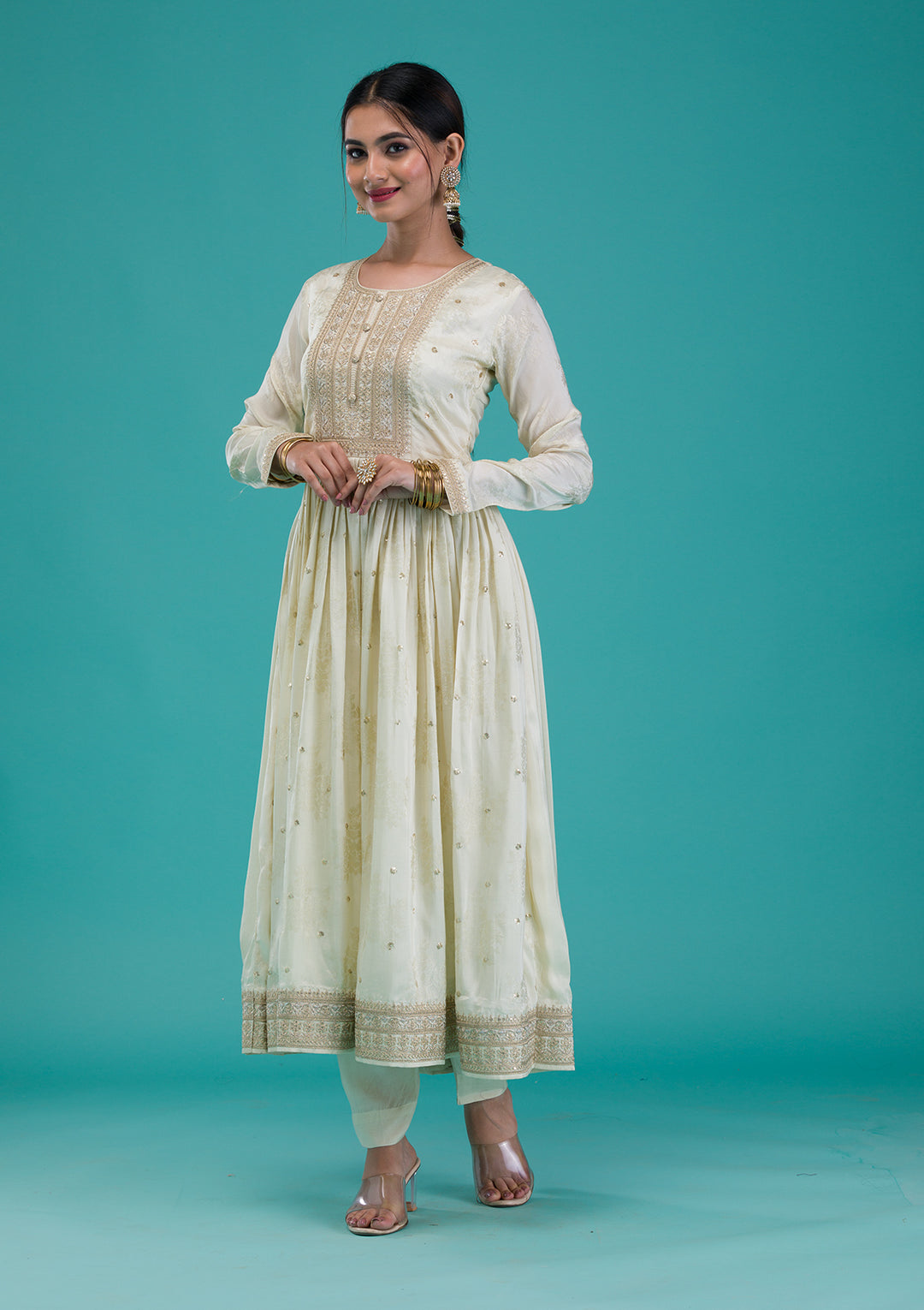 Cream Zariwork Crepe Readymade Anarkali Suit