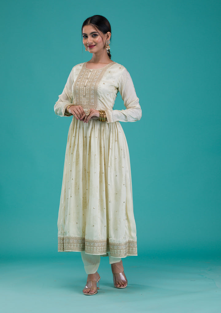 Cream Zariwork Crepe Readymade Anarkali Suit