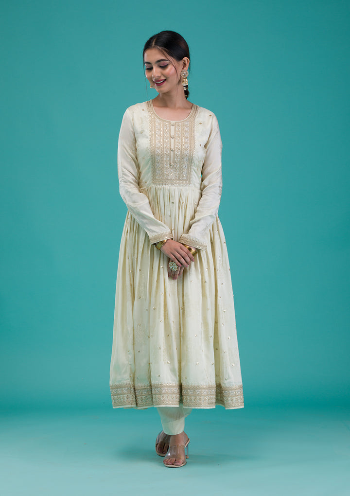 Cream Zariwork Crepe Readymade Anarkali Suit