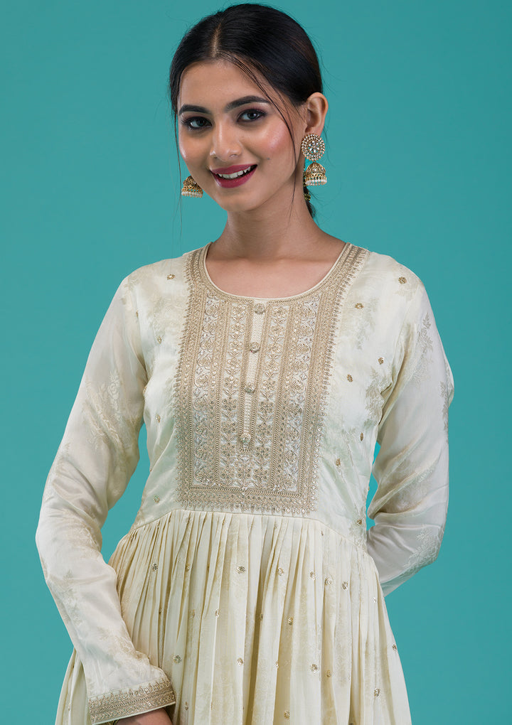 Cream Zariwork Crepe Readymade Anarkali Suit