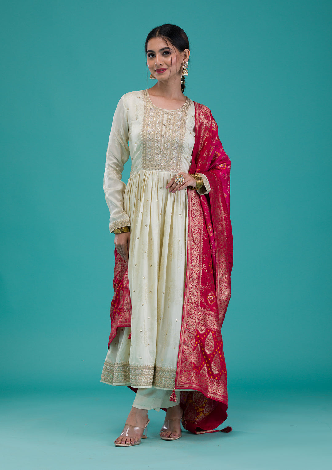 Cream Zariwork Crepe Readymade Anarkali Suit