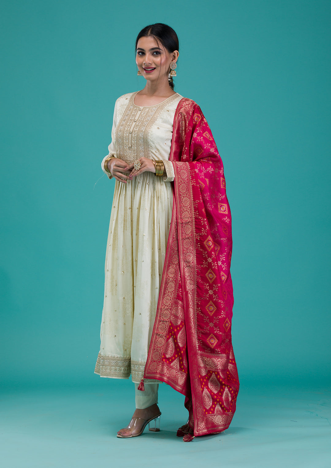 Cream Zariwork Crepe Readymade Anarkali Suit