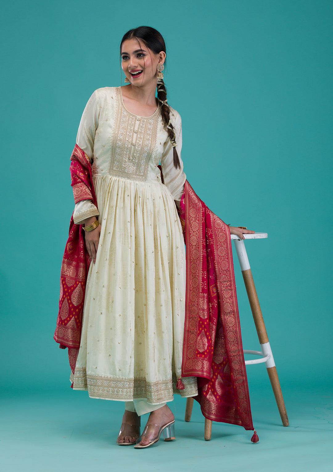 Cream Zariwork Crepe Readymade Anarkali Suit