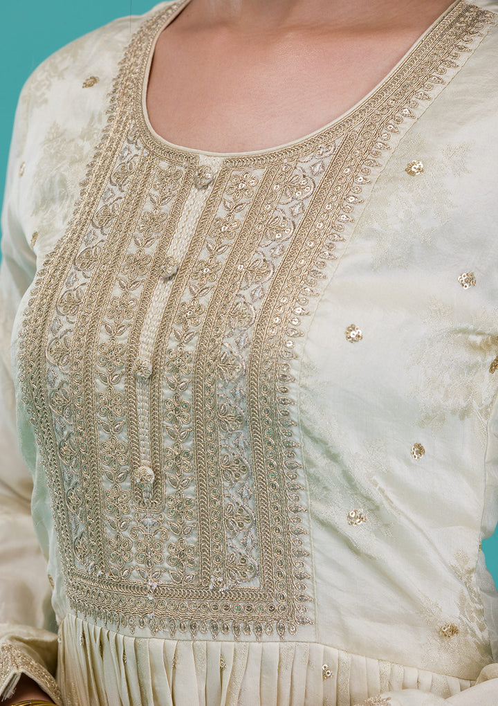 Cream Zariwork Crepe Readymade Anarkali Suit