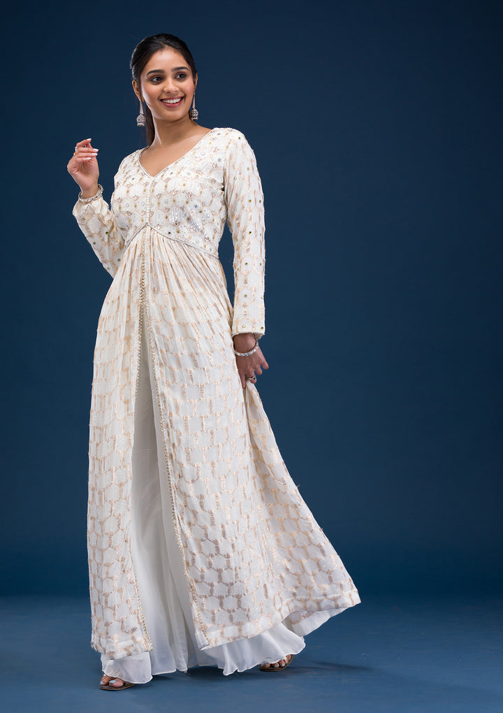 Cream Zariwork Georgette Readymade Salwar Suit