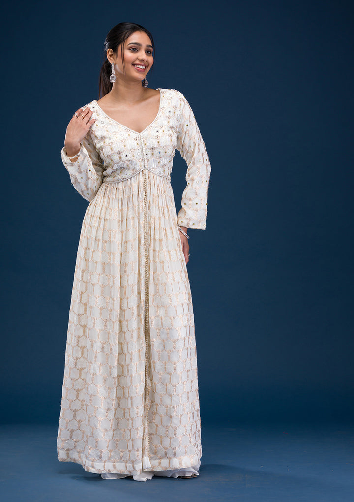 Cream Zariwork Georgette Readymade Salwar Suit