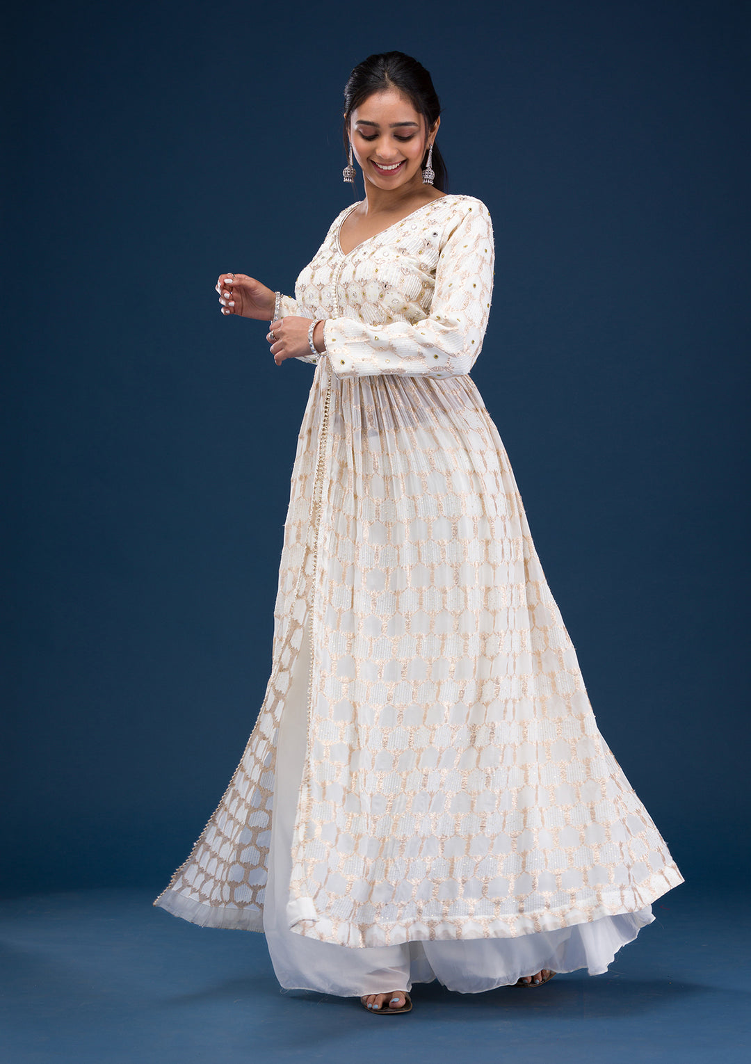 Cream Zariwork Georgette Readymade Salwar Suit