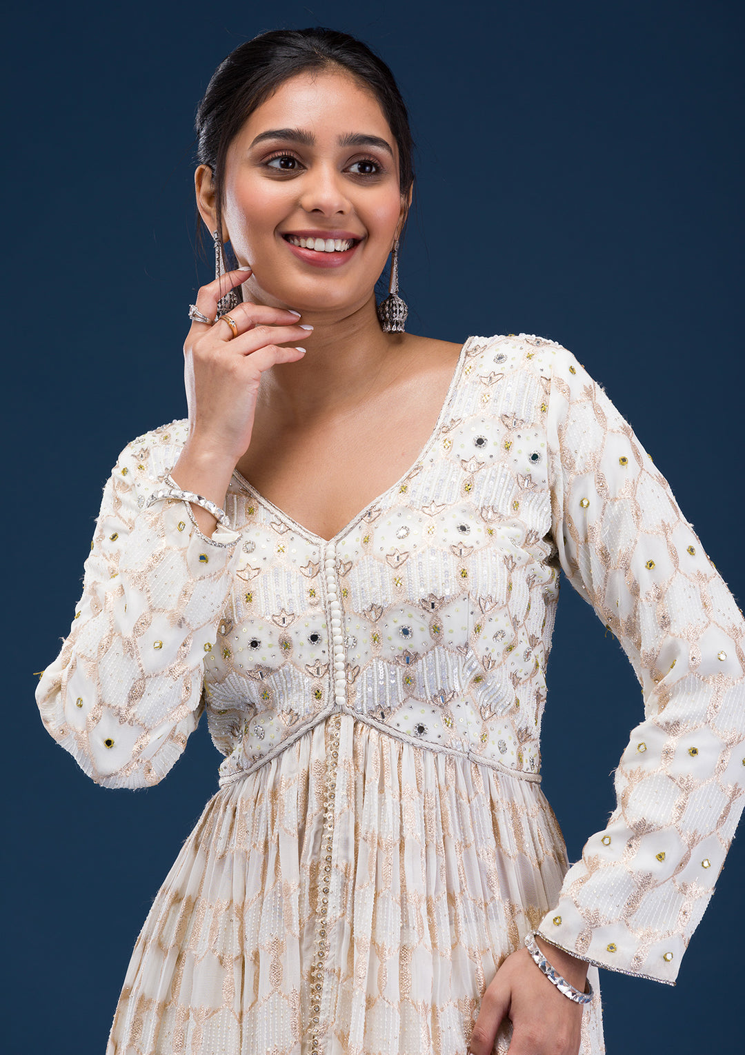 Cream Zariwork Georgette Readymade Salwar Suit