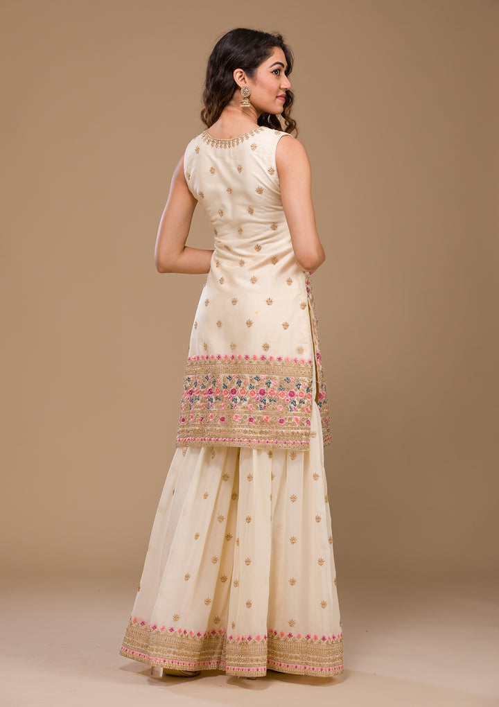 Cream Zariwork Net Readymade Salwar Suit-Koskii