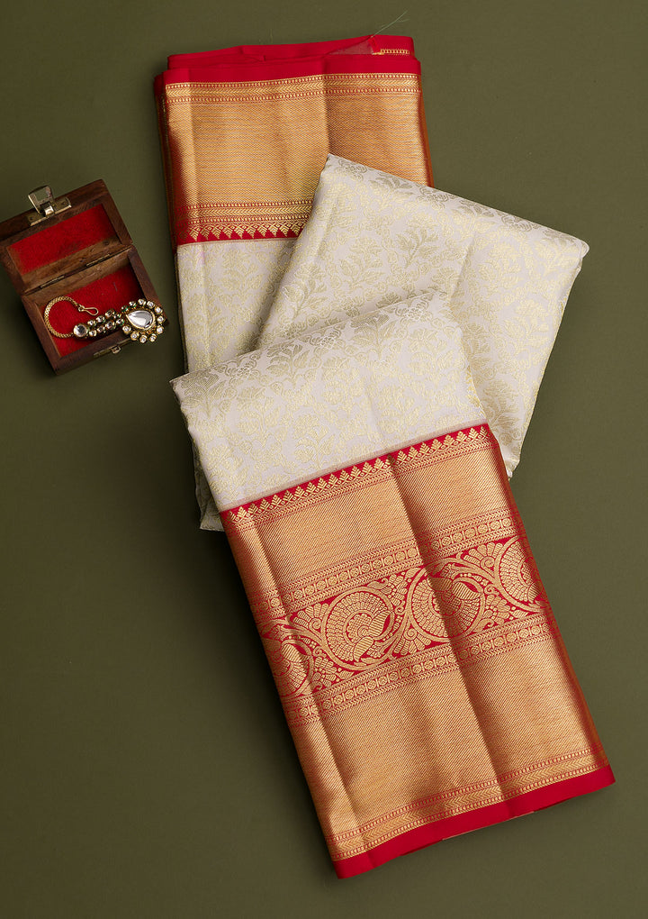 Cream Gold Zariwork Pure Silk Saree-Koskii