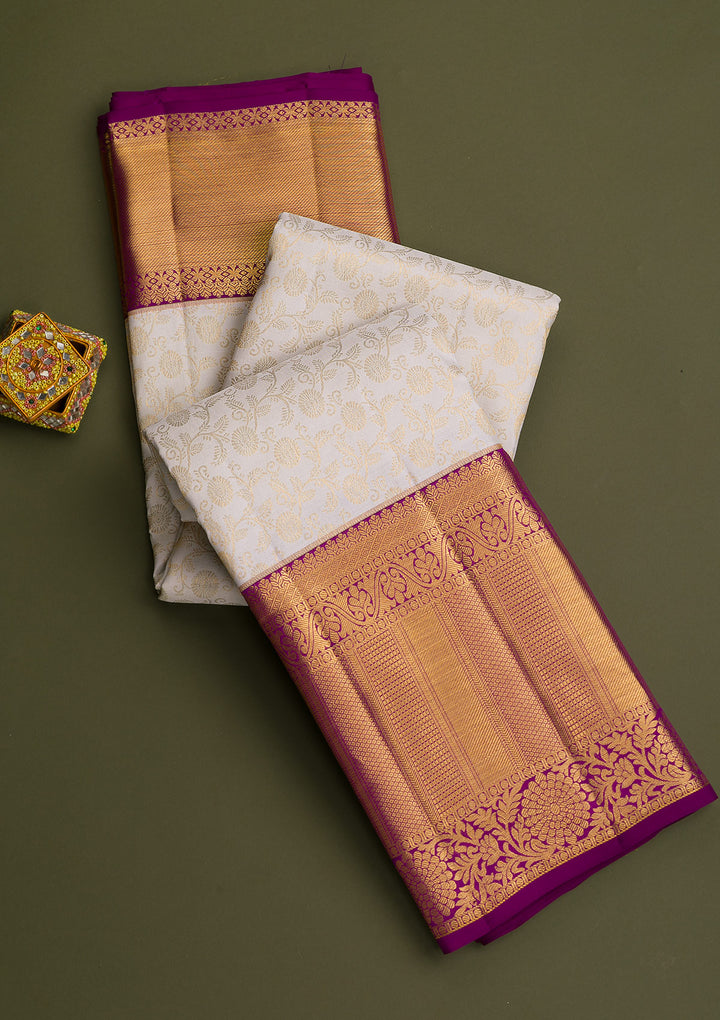 Cream Gold Zariwork Pure Silk Saree-Koskii