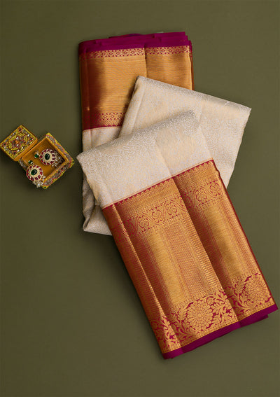 Cream Gold Zariwork Pure Silk Saree-Koskii