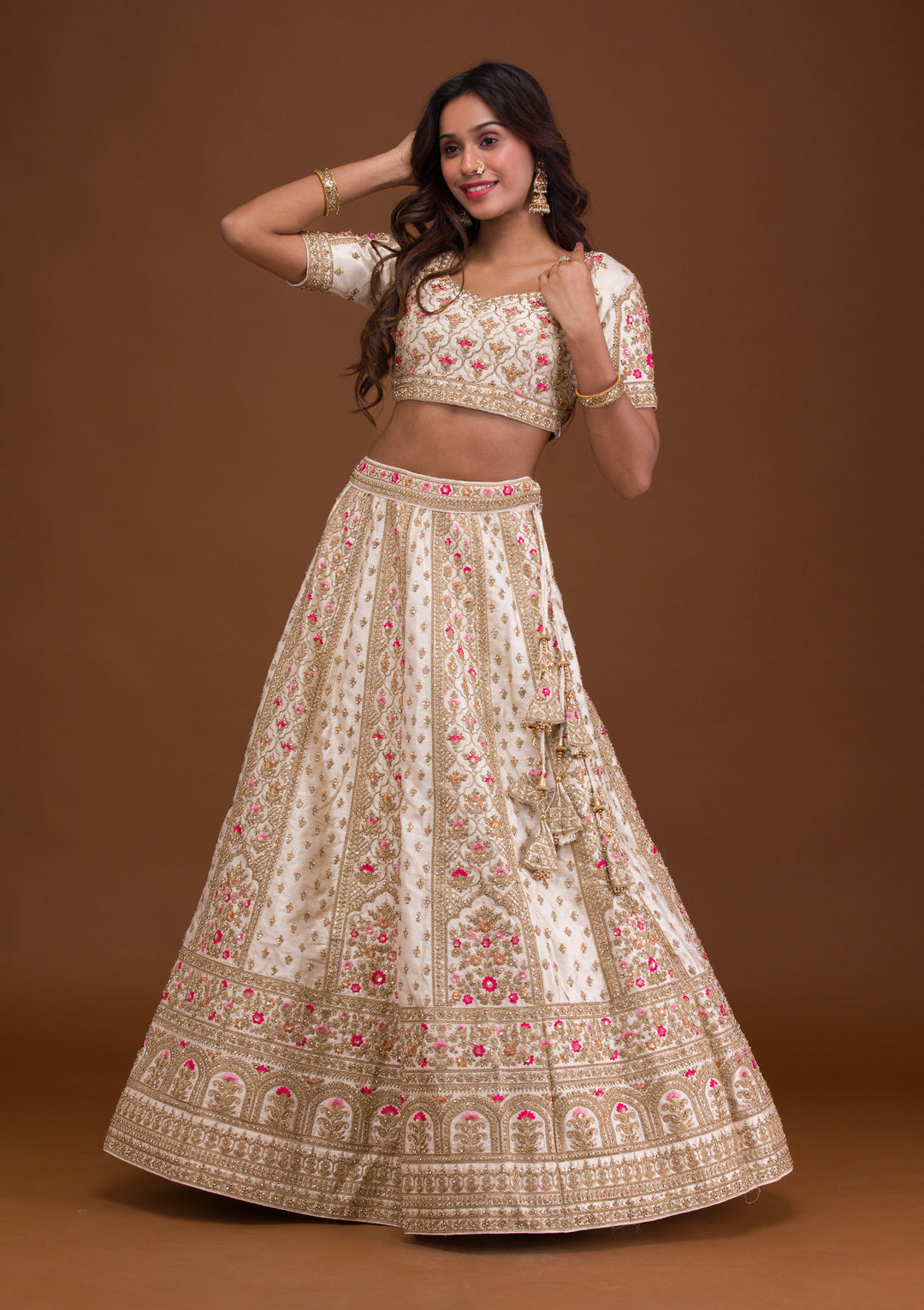 Cream Zariwork Raw Silk Semi Stitched Lehenga