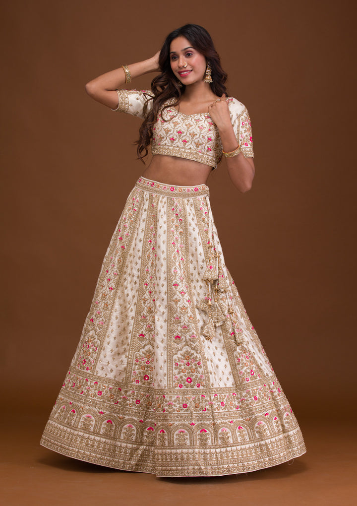 Cream Zariwork Raw Silk Semi Stitched Lehenga