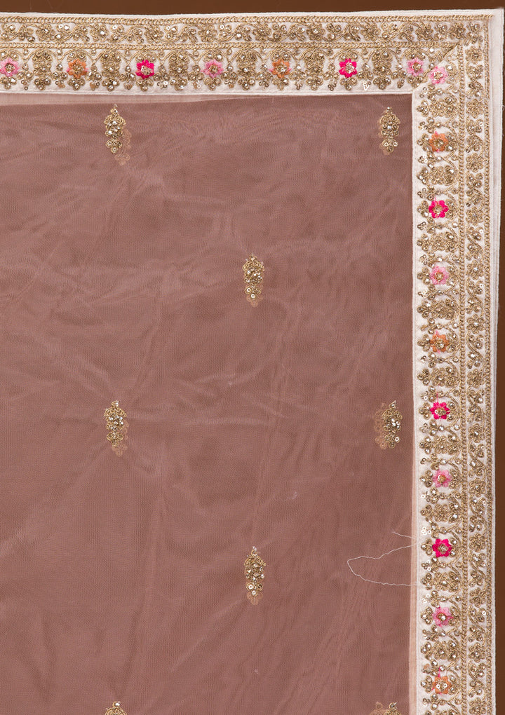 Cream Zariwork Raw Silk Semi Stitched Lehenga