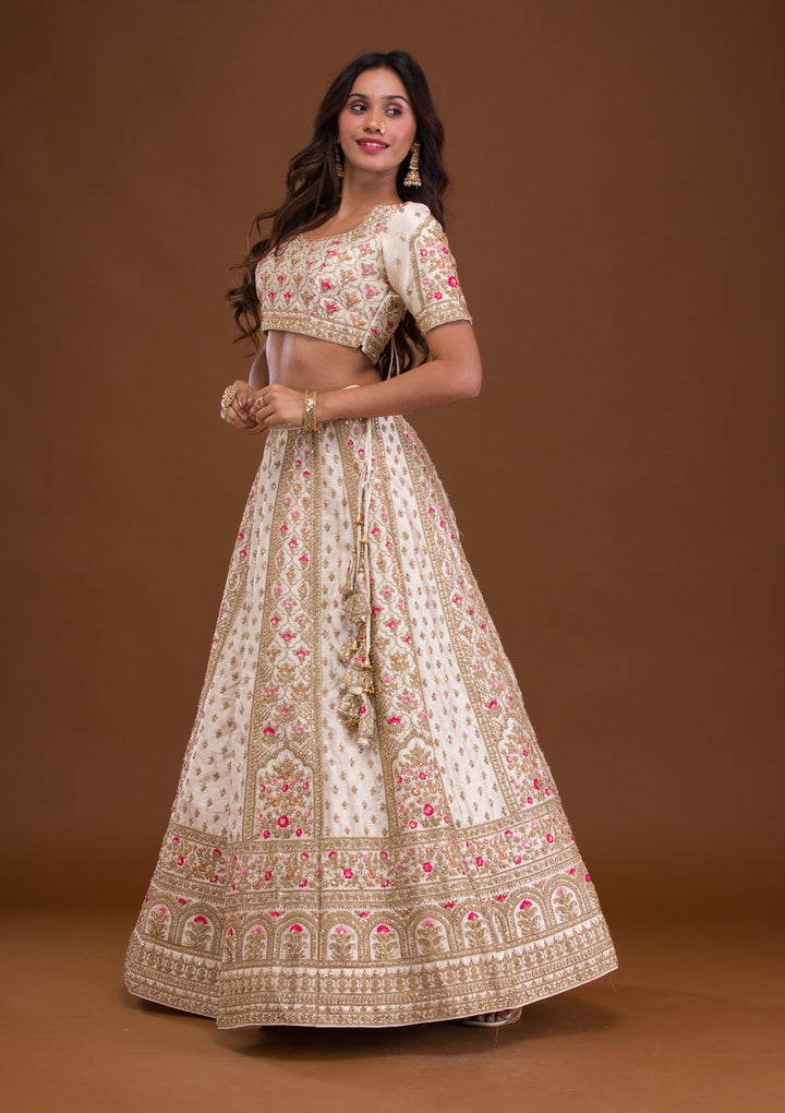 Cream Zariwork Raw Silk Semi Stitched Lehenga