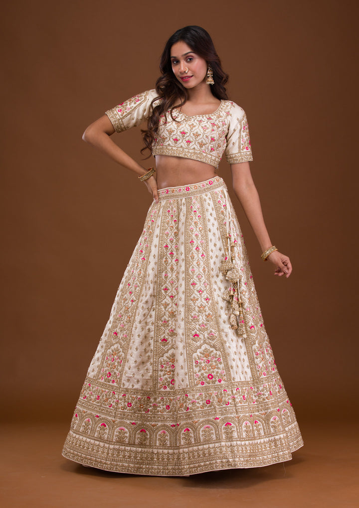 Cream Zariwork Raw Silk Semi Stitched Lehenga