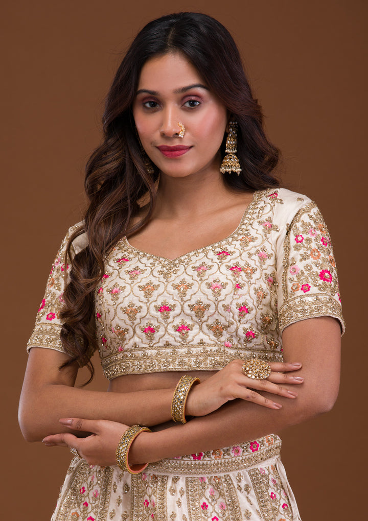 Cream Zariwork Raw Silk Semi Stitched Lehenga