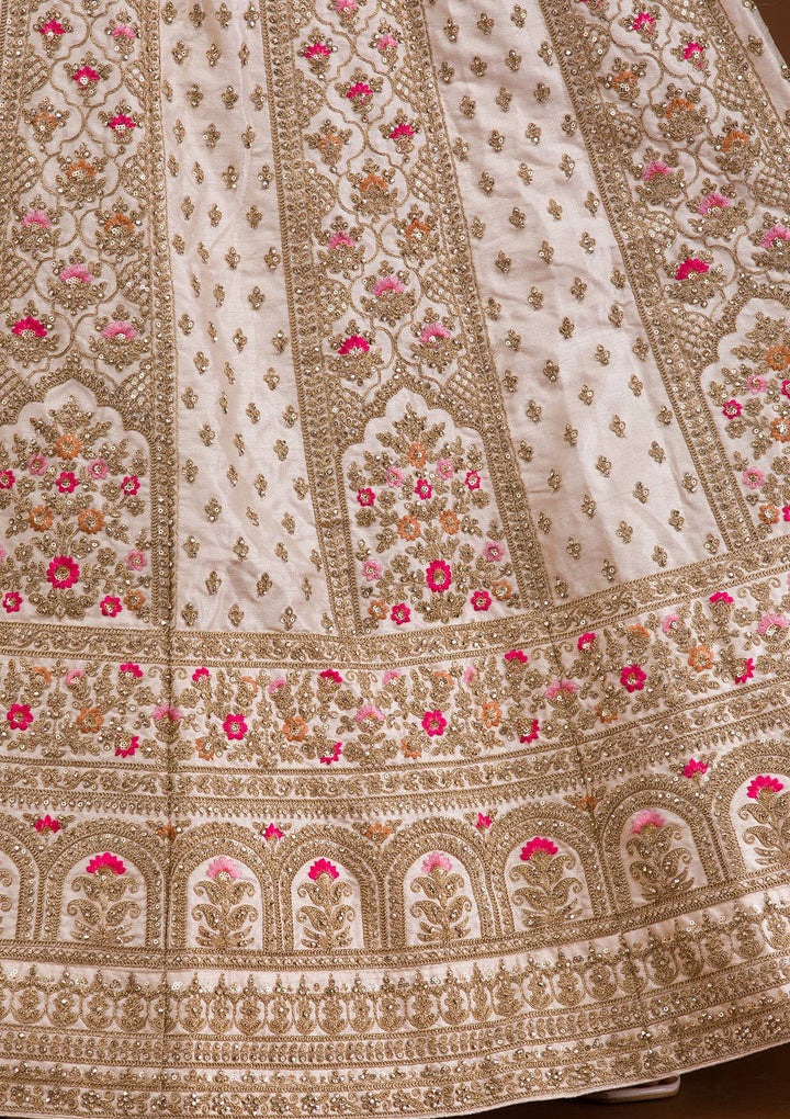 Cream Zariwork Raw Silk Semi Stitched Lehenga