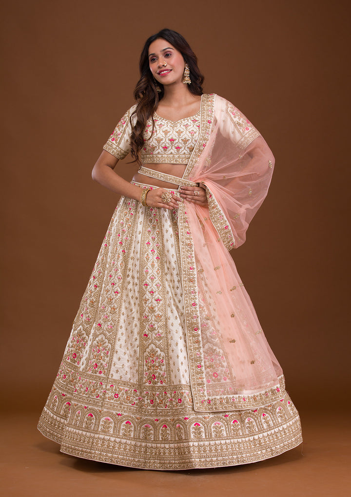 Cream Zariwork Raw Silk Semi Stitched Lehenga