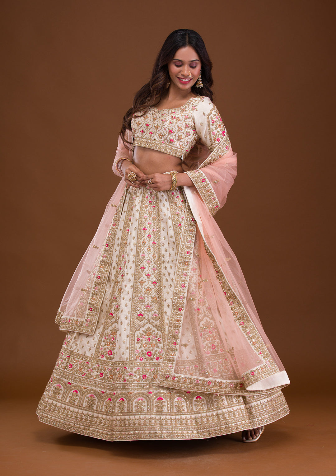 Cream Zariwork Raw Silk Semi Stitched Lehenga
