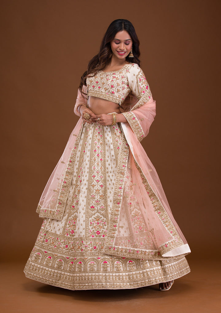 Cream Zariwork Raw Silk Semi Stitched Lehenga