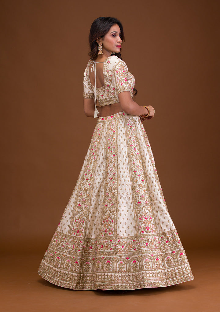 Cream Zariwork Raw Silk Semi Stitched Lehenga