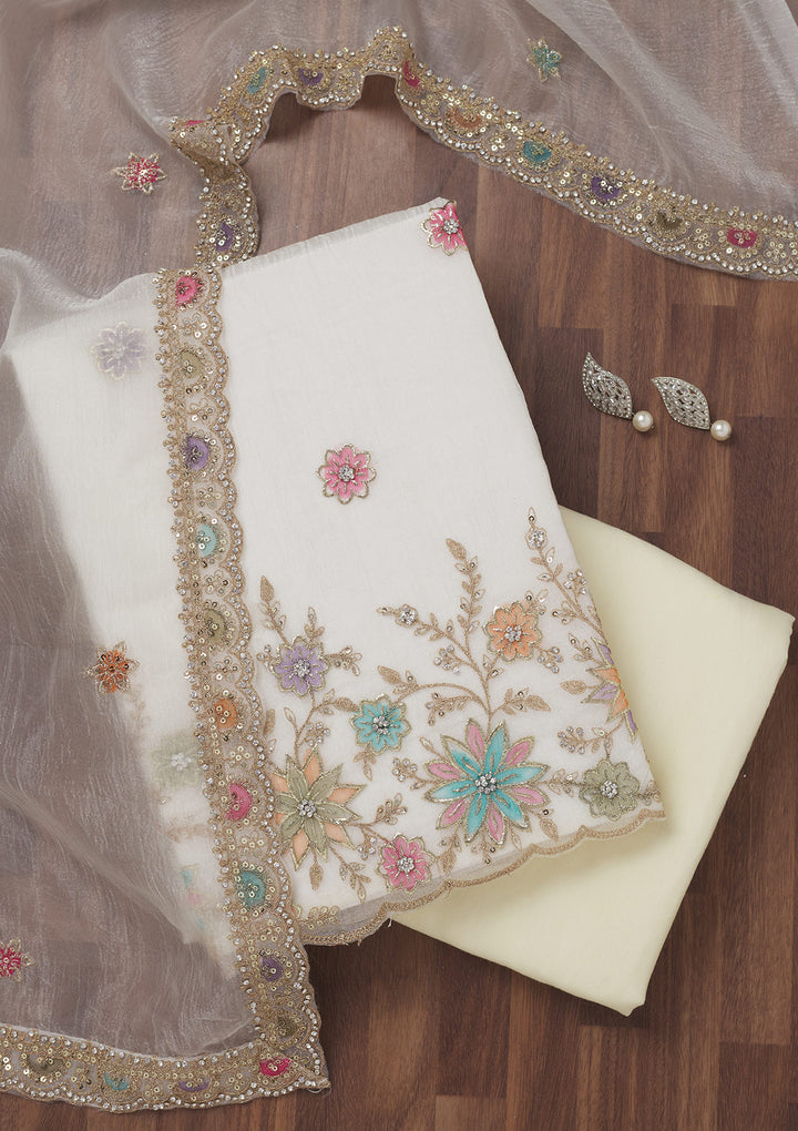 Cream Zariwork Semi Crepe Unstitched Salwar Suit