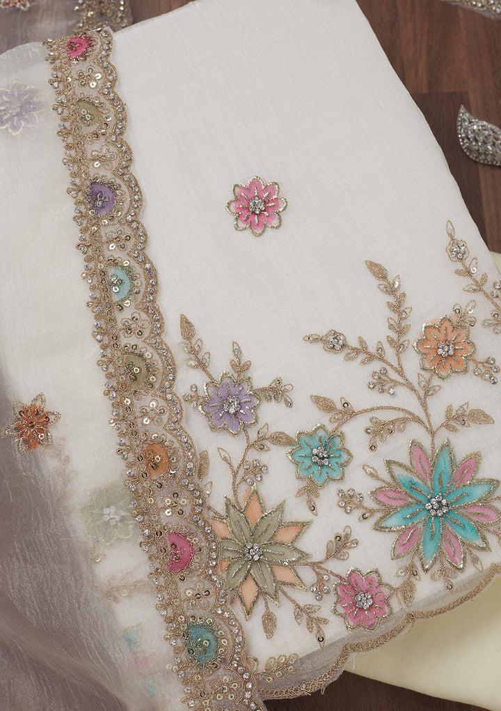 Cream Zariwork Semi Crepe Unstitched Salwar Suit