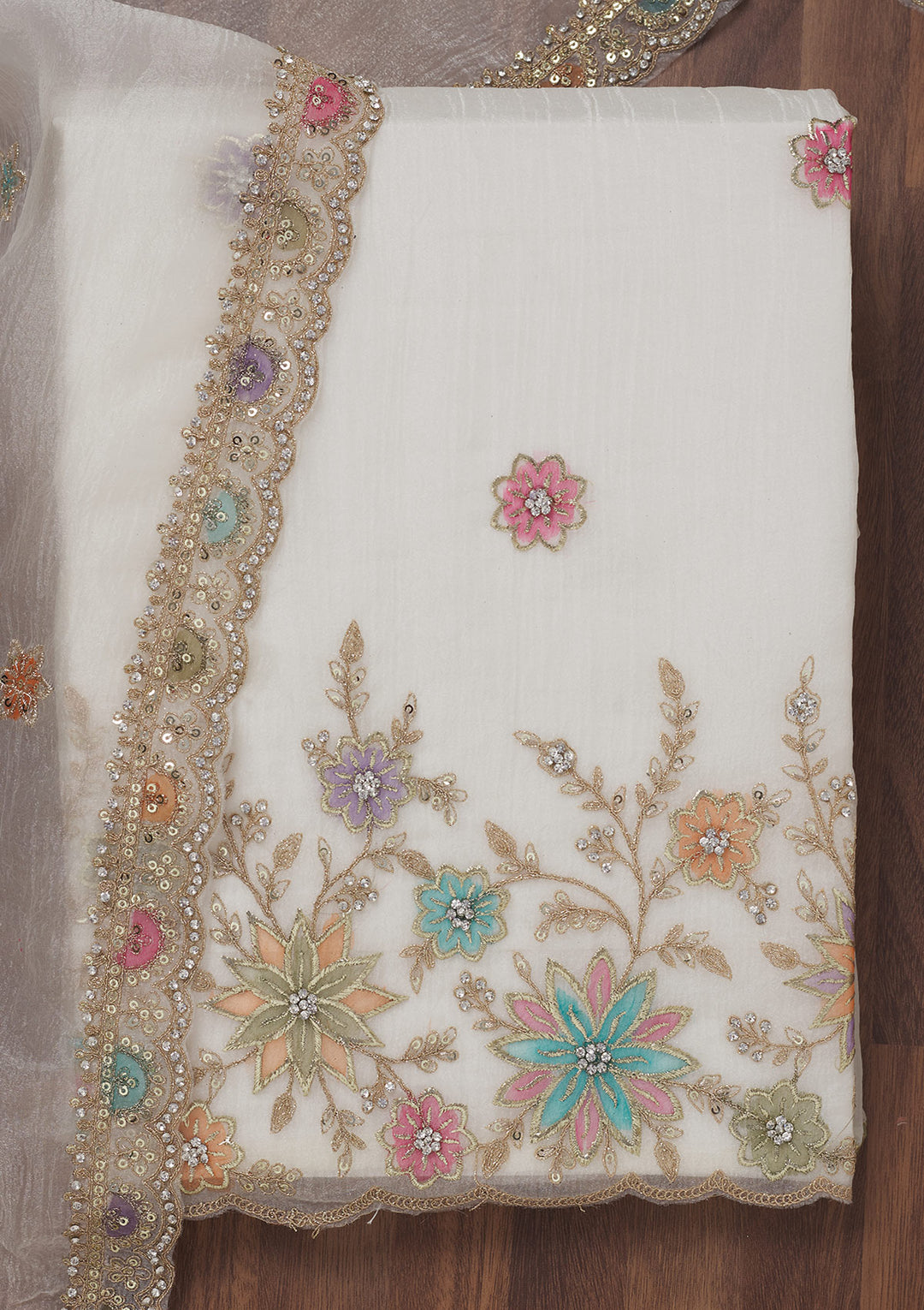Cream Zariwork Semi Crepe Unstitched Salwar Suit