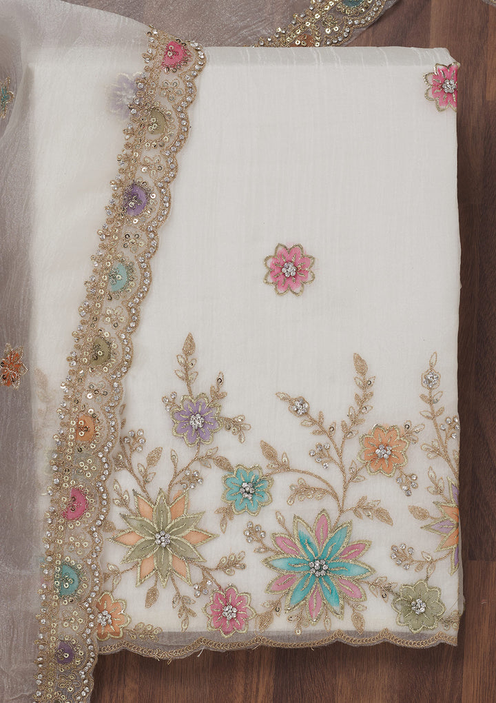 Cream Zariwork Semi Crepe Unstitched Salwar Suit