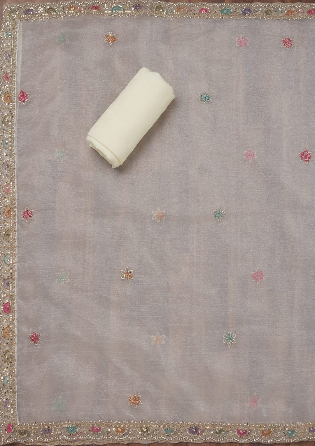 Cream Zariwork Semi Crepe Unstitched Salwar Suit
