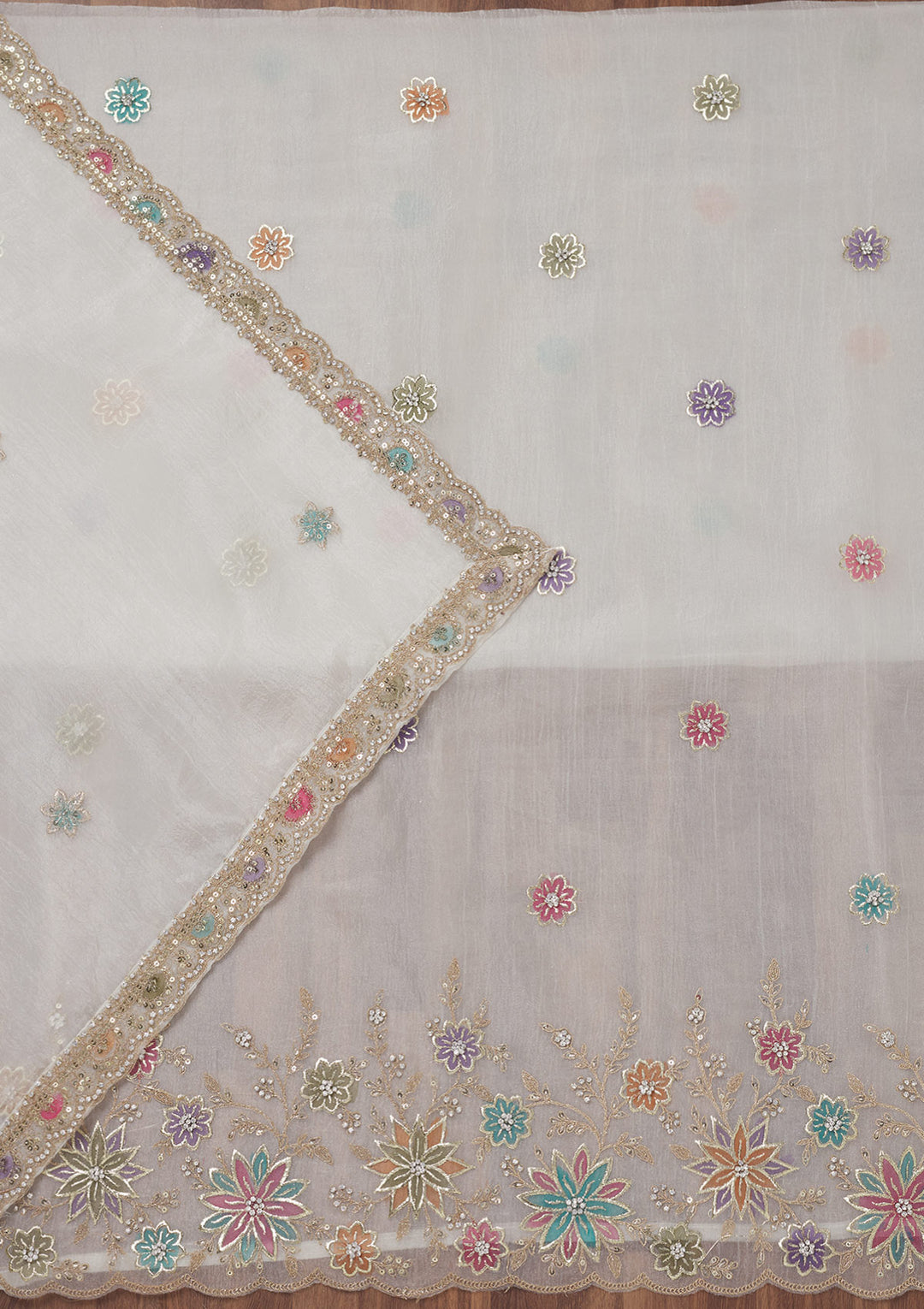 Cream Zariwork Semi Crepe Unstitched Salwar Suit