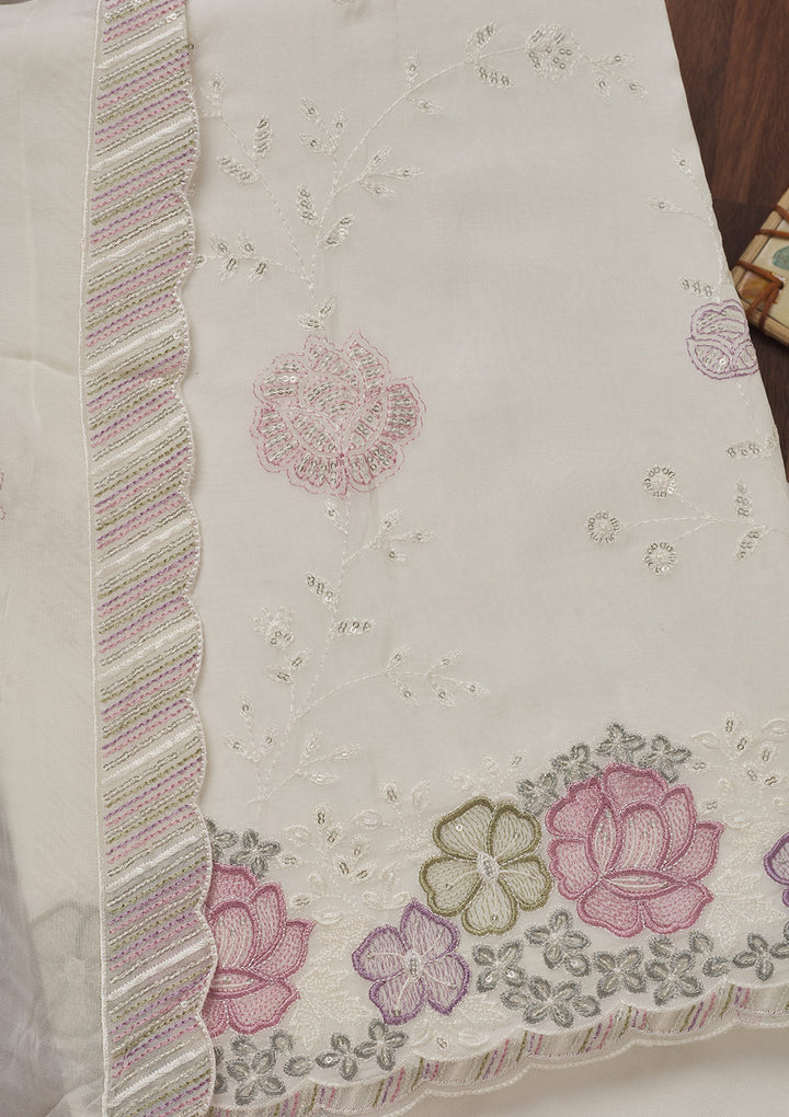 Cream Zariwork Semi Crepe Unstitched Salwar Suit