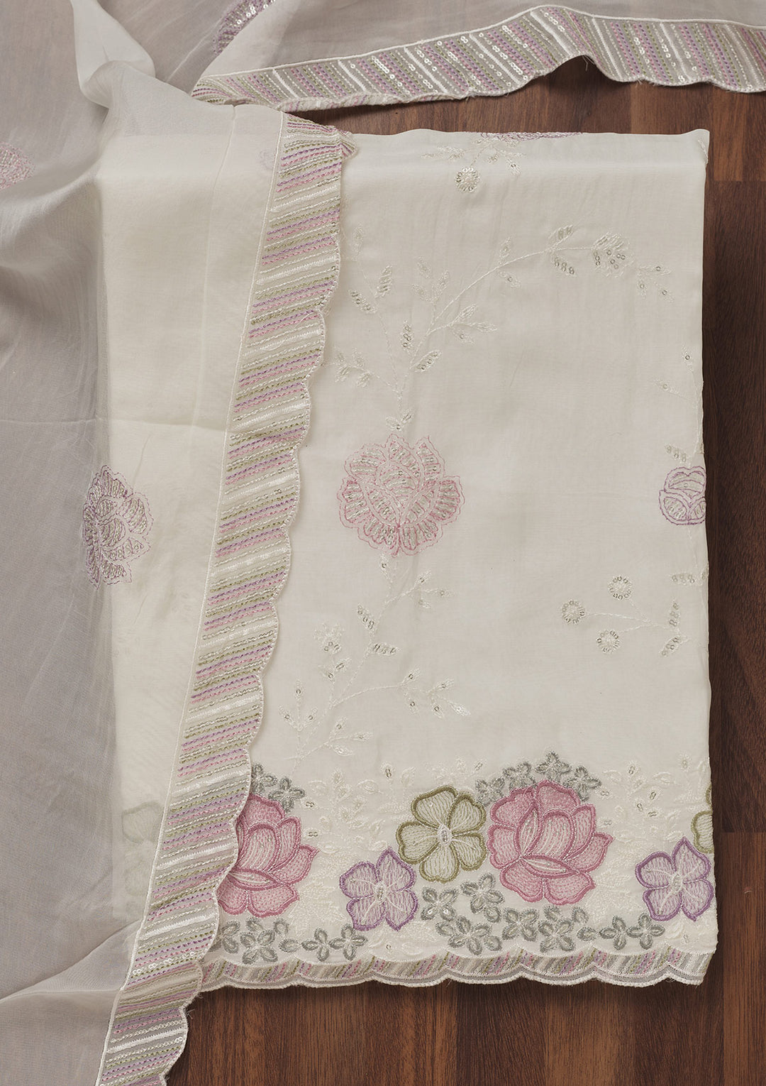 Cream Zariwork Semi Crepe Unstitched Salwar Suit