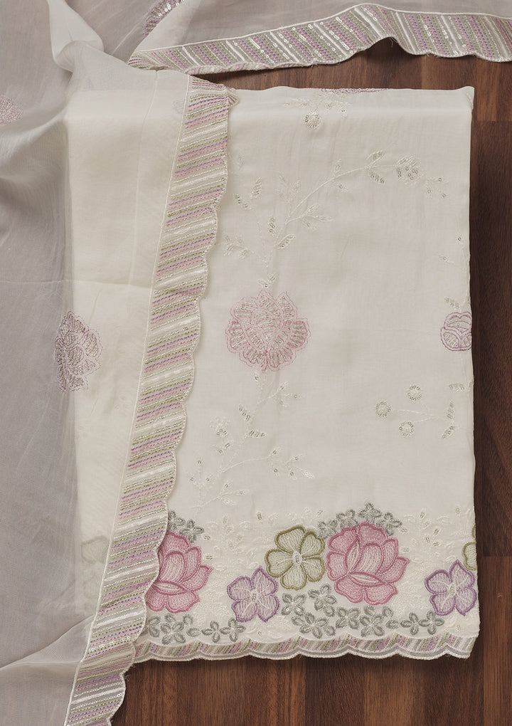Cream Zariwork Semi Crepe Unstitched Salwar Suit