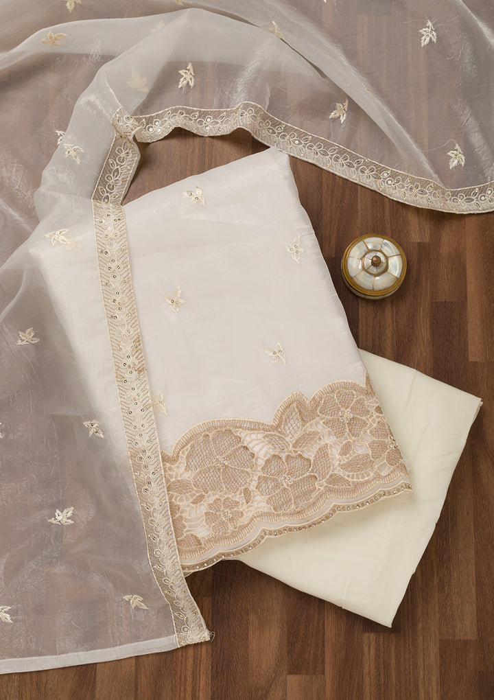 Cream Zariwork Semi Crepe Unstitched Salwar Suit