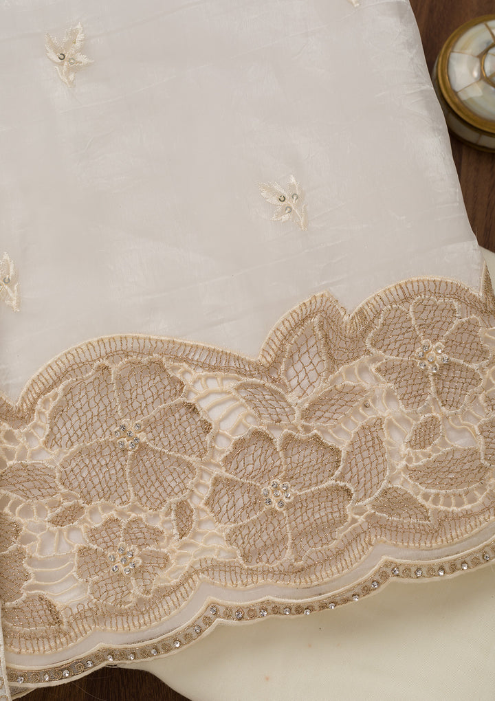 Cream Zariwork Semi Crepe Unstitched Salwar Suit