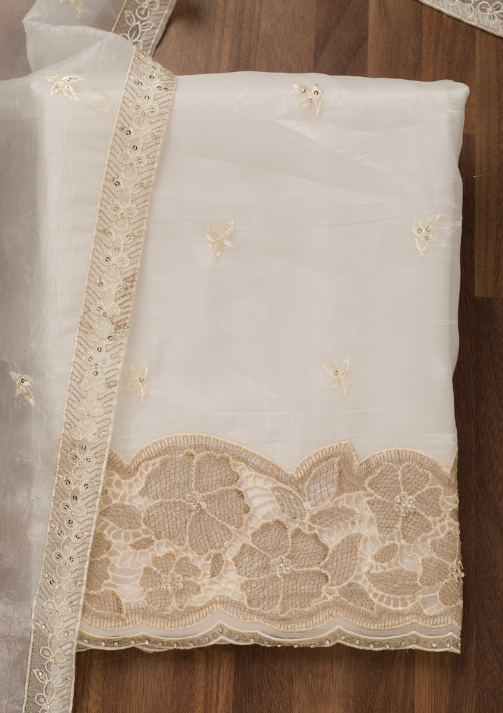 Cream Zariwork Semi Crepe Unstitched Salwar Suit