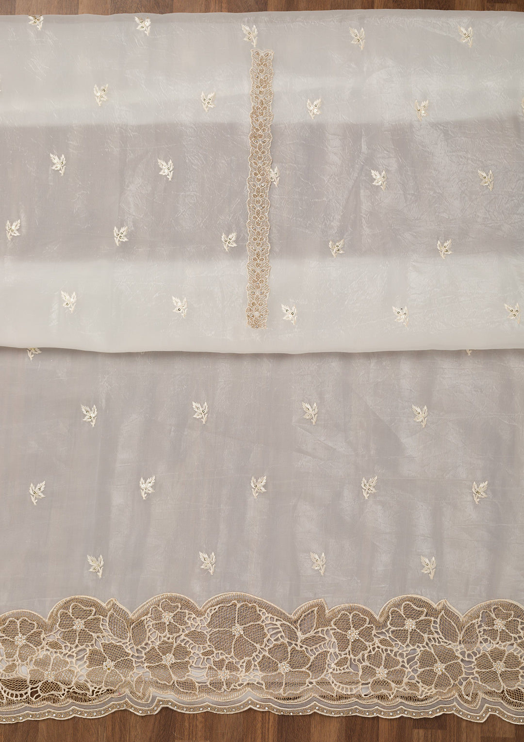 Cream Zariwork Semi Crepe Unstitched Salwar Suit