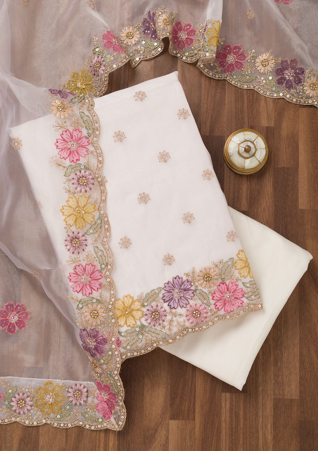Cream Zariwork Semi Crepe Unstitched Salwar Suit