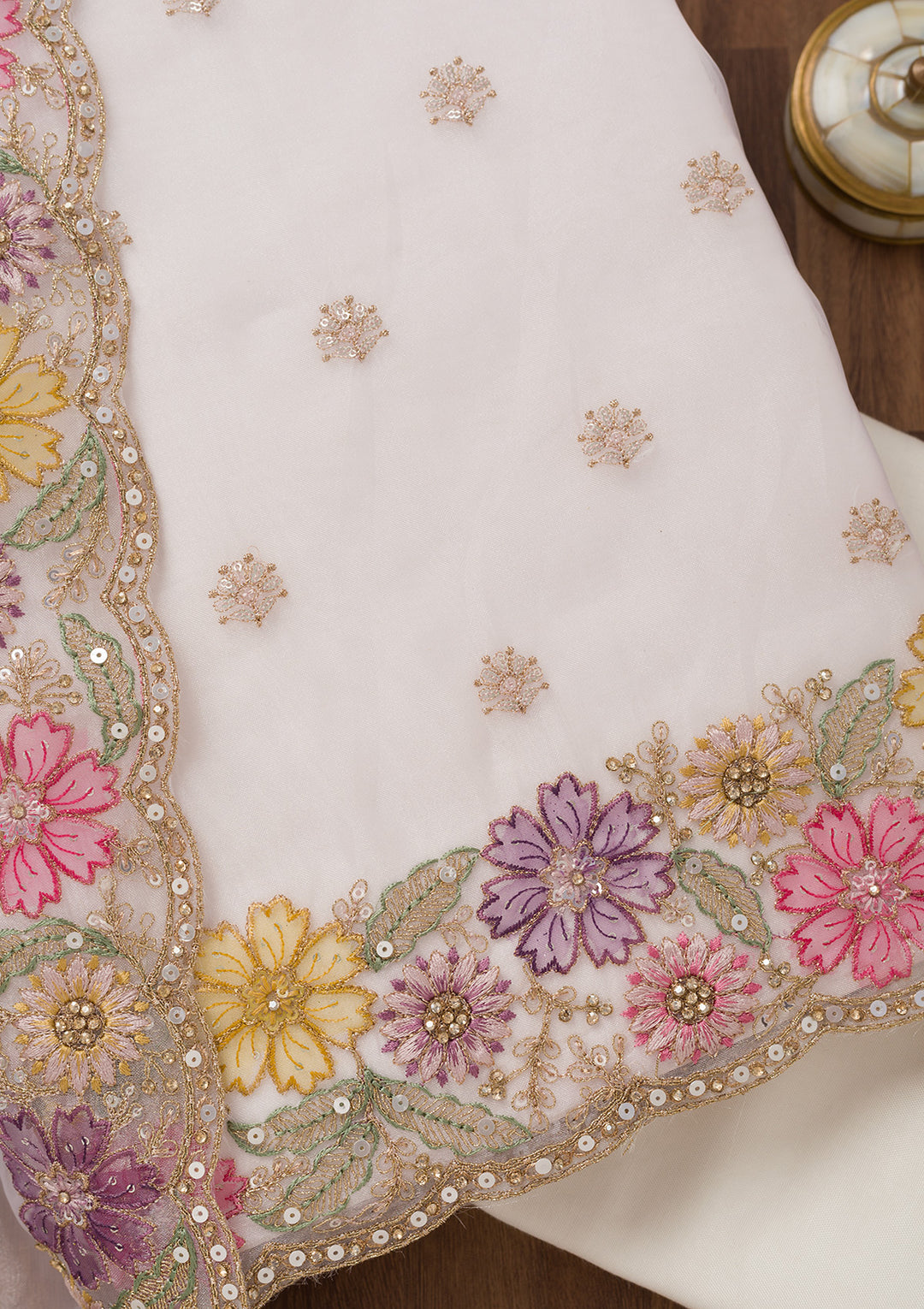 Cream Zariwork Semi Crepe Unstitched Salwar Suit