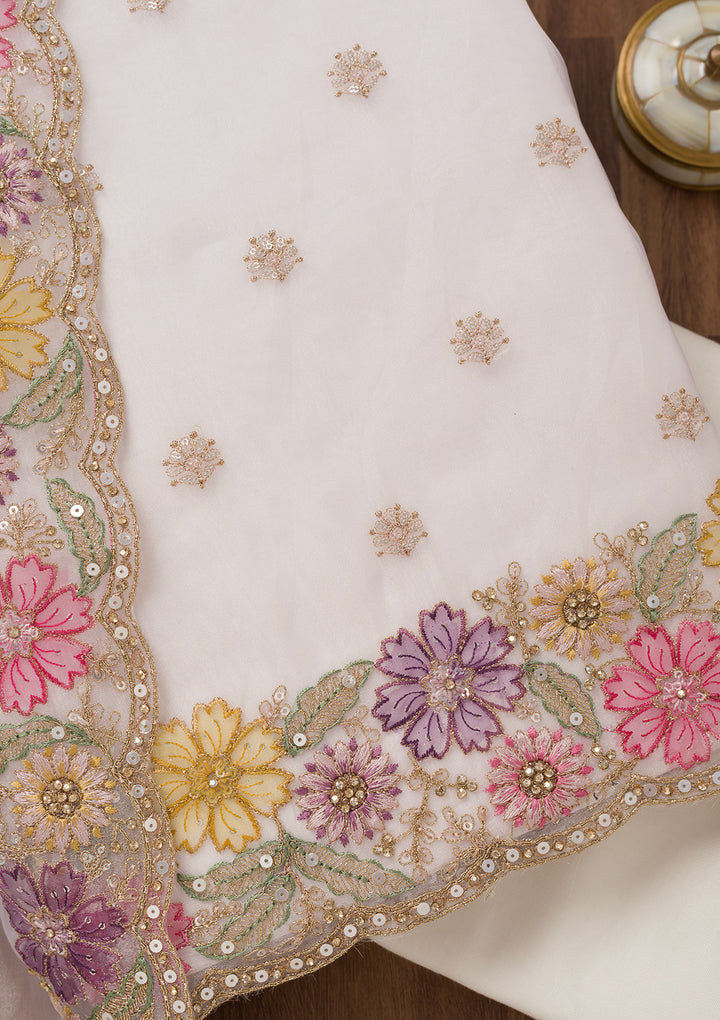 Cream Zariwork Semi Crepe Unstitched Salwar Suit